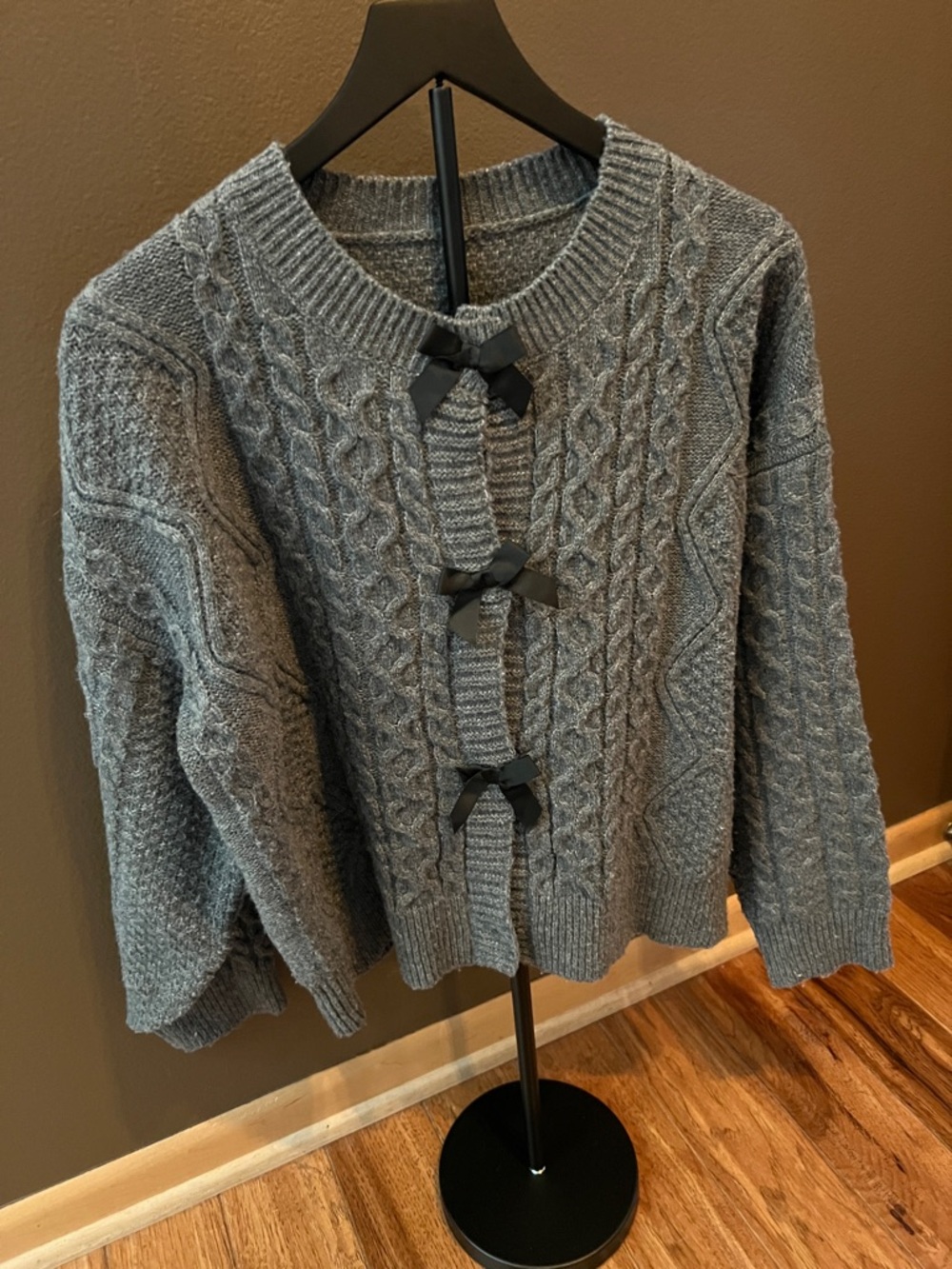 Gray Cable-Knit Sweater with Bow Details